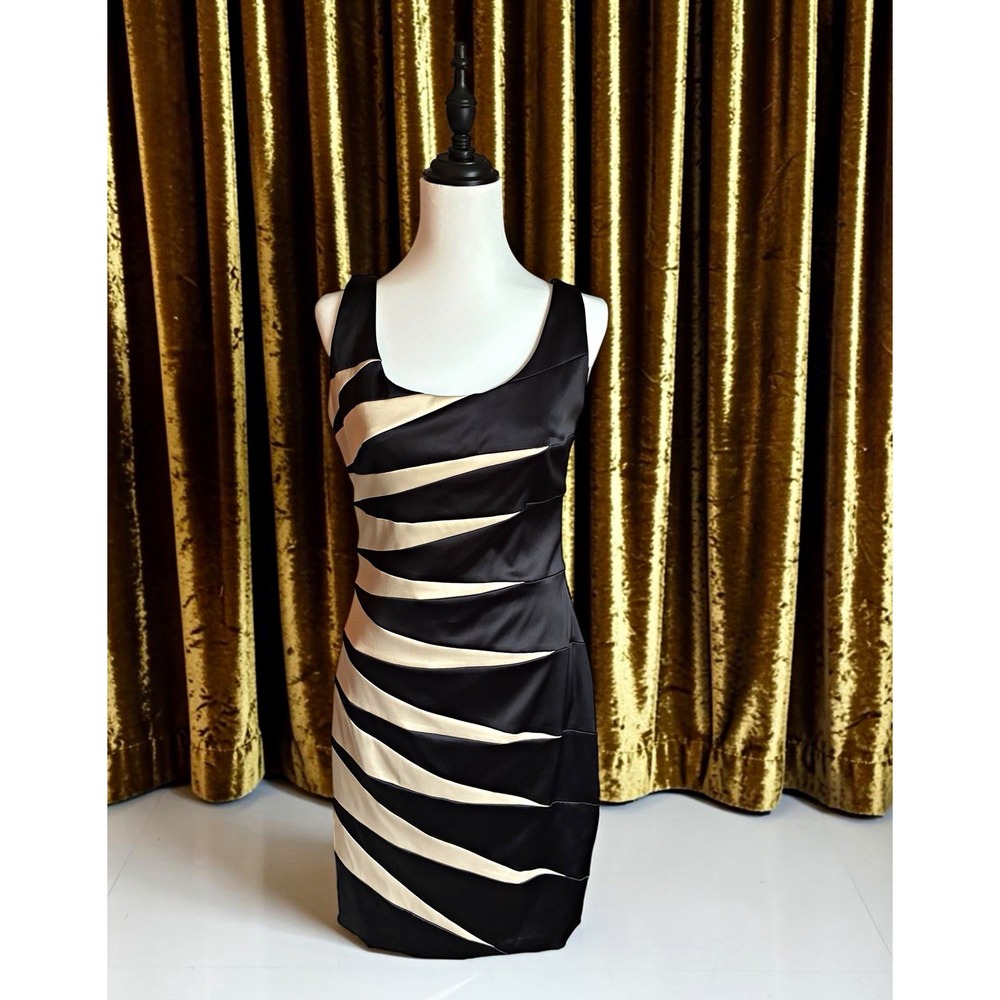 Signature by Sangria Black Champagne Striped Satin Sheath Scoop Neck Zip Dress 8